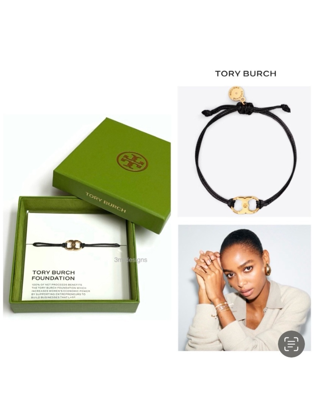 NWT TORY BURCH EMBRACE AMBITION 18K-Gold Plated Brass Black Cord Slider Bracelet